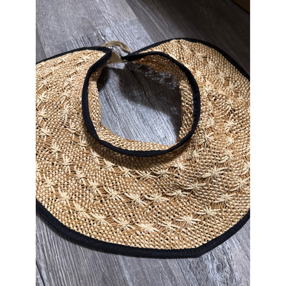 World Market Straw Sun Visor Wide Brim Roll Up Travel Hat Tan Black Trim 22in